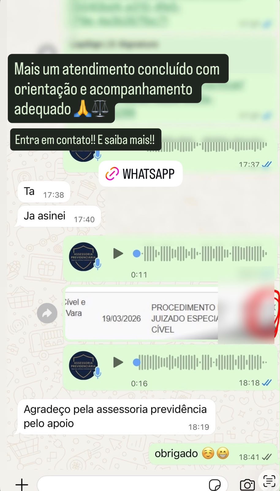 Mensagem de agradecimento pela assessoria e pelo apoio