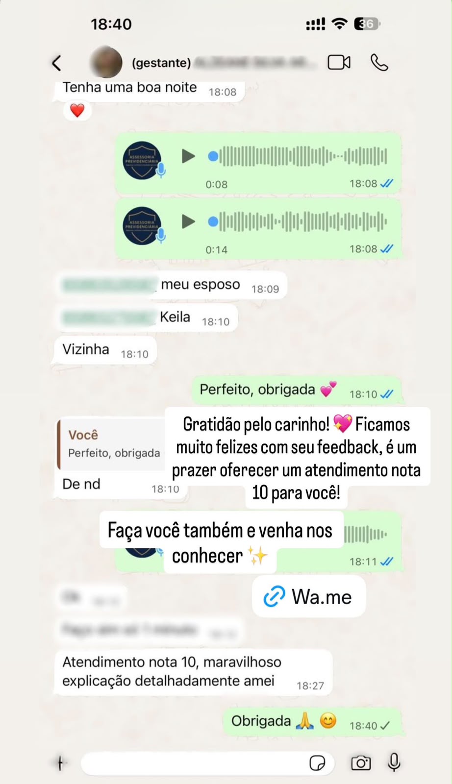 Mensagem elogiando o atendimento detalhado da Asses Prev