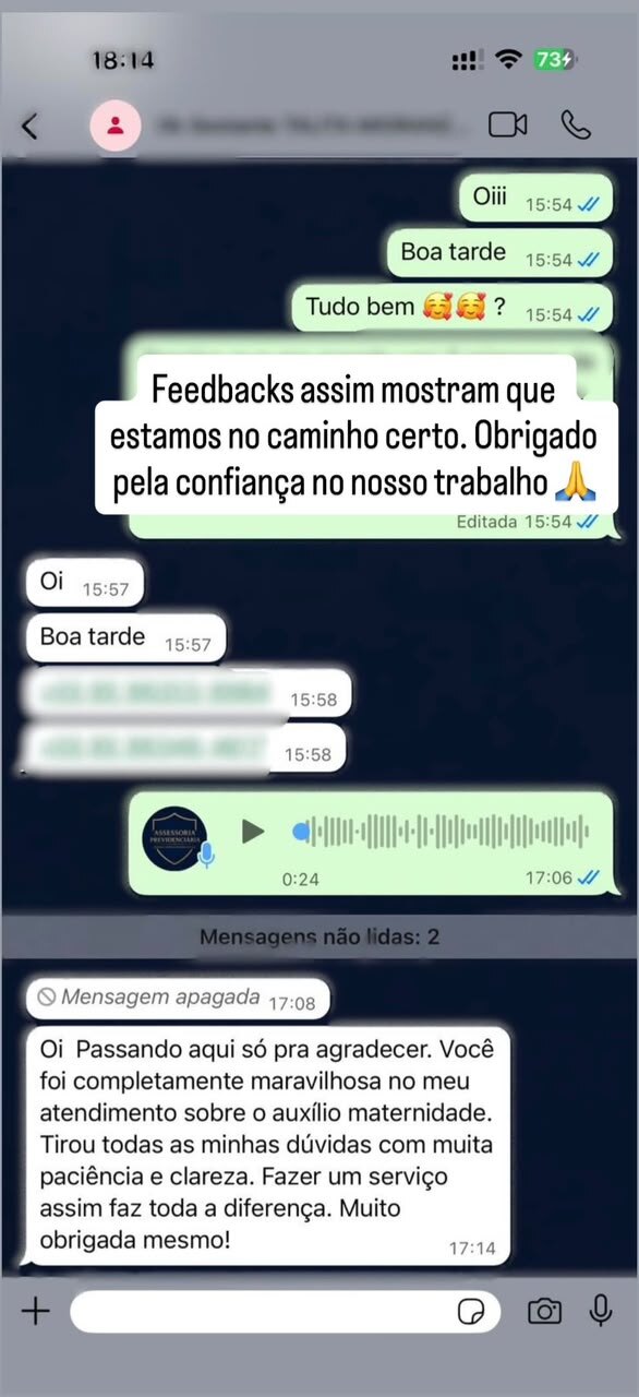 Mensagem de agradecimento pelo atendimento sobre auxílio-maternidade