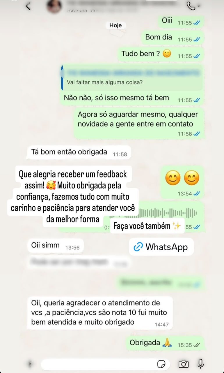 Mensagem agradecendo a paciência e avaliando o atendimento como nota 10